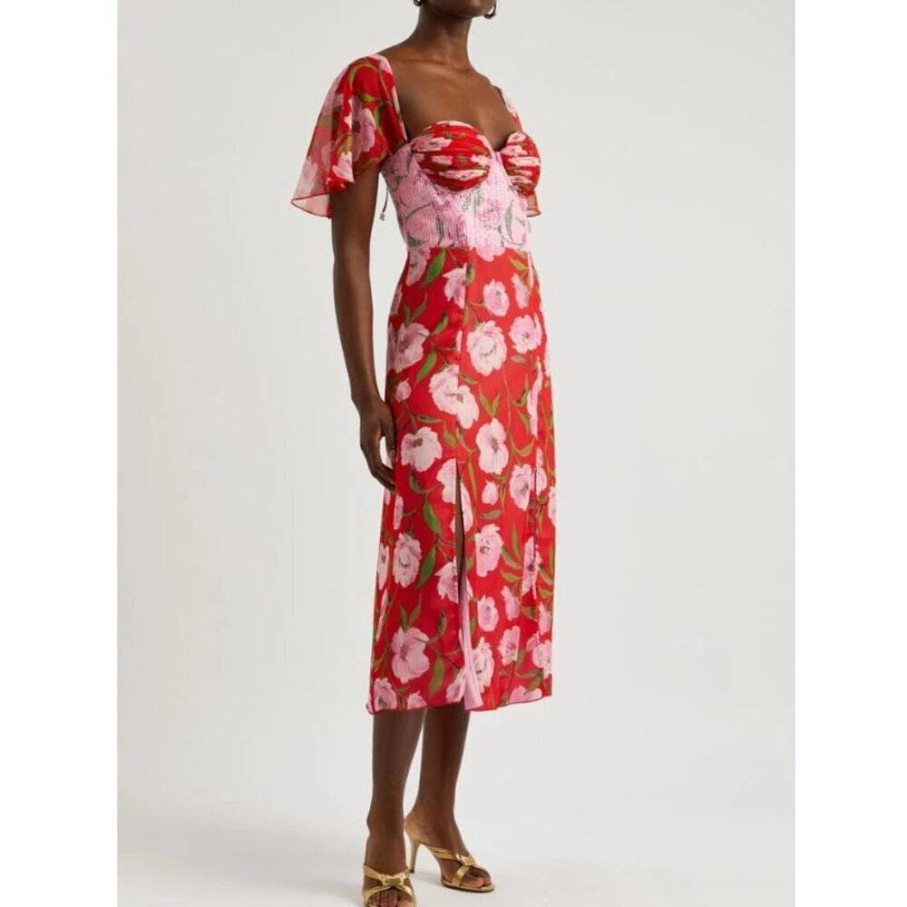 Rotate Birger Christensen Floral-print Sweetheart-neck Midi Dress Pink Red Sz 8